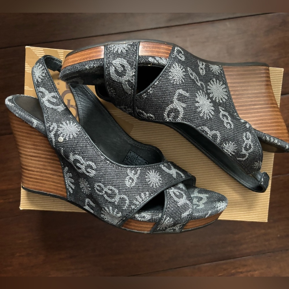 UGG Australia 1000581 Black 9 Hazel Denim Wedge Slingback Sandals Shoes
#9